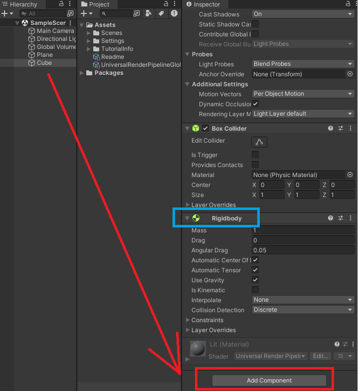 Rigidbodyコンポーネントを追加